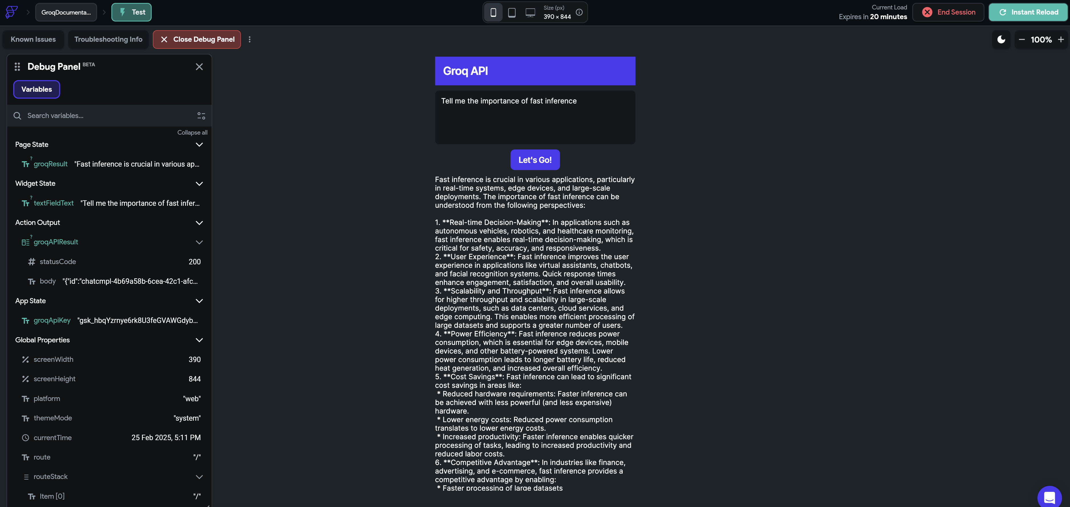 Result from Test mode session
